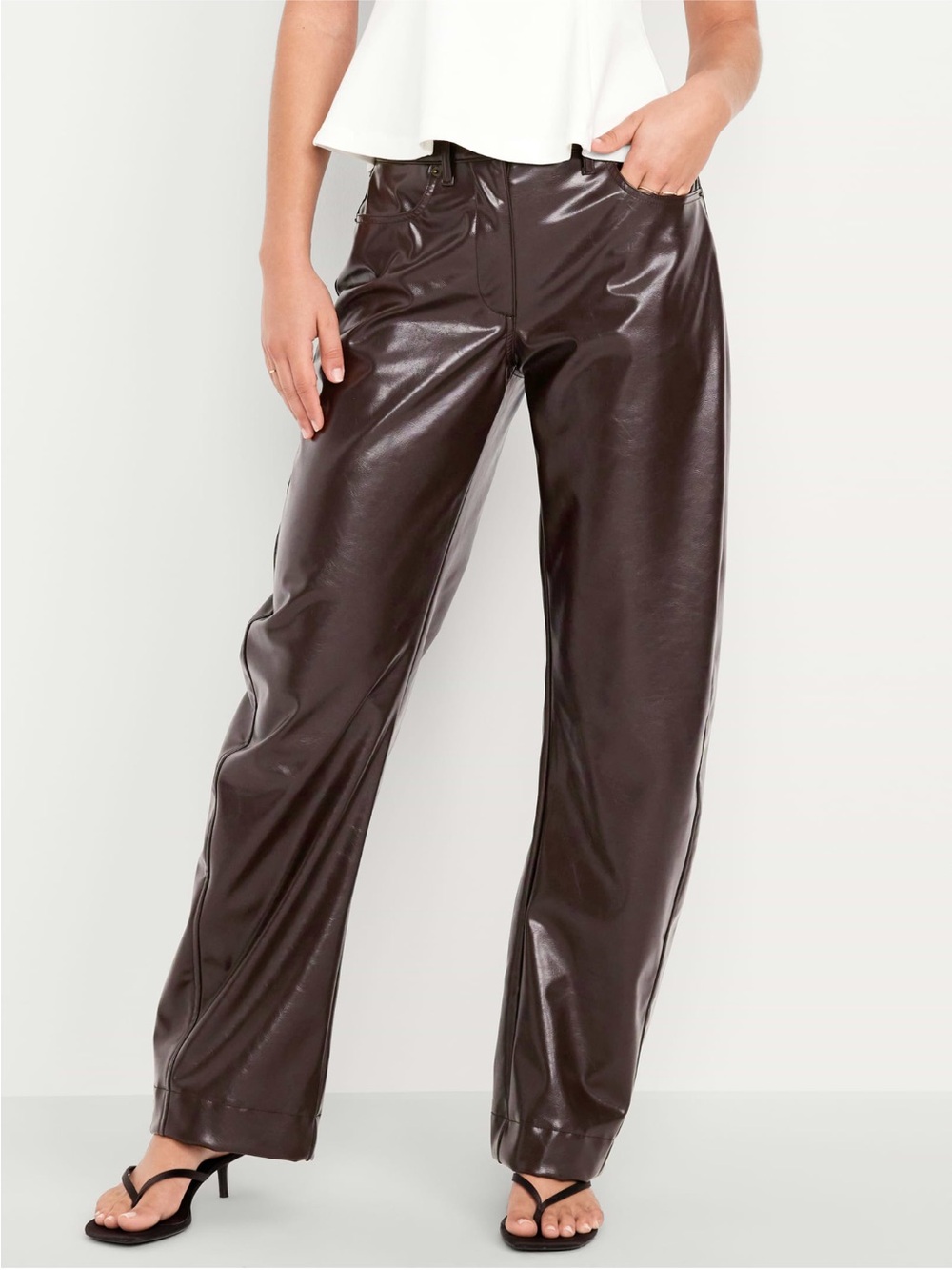 High Waisted Wide-Leg Faux Leather ankle barrel pants in Dark Brown